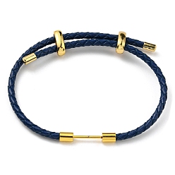 Prussian Blue Brass Column Bar Link Bracelet with Leather Cords, Adjustable Bracelet for Women, Prussian Blue, Inner Diameter: 5/8~3 inch(1.6~7.5cm)