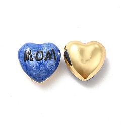 Royal Blue Brass Enamel Beads, Real 18K Gold Plated, Long-Lasting Plated, Heart with Word Mom, Royal Blue, 17.5x18x10mm, Hole: 2mm