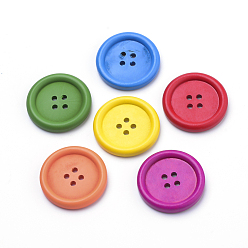 Mixed Color 4-Hole Wooden Buttons, Flat Round, Dyed, Mixed Color, 14.5~15x4mm, Hole: 1.5mm