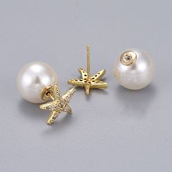 Real 18K Gold Plated Brass Micro Pave Clear Cubic Zirconia Stud Earrings, with Acrylic Imitation Pearl, Long-Lasting Plated, Star, Real 18K Gold Plated, 11.5x12mm, Pin: 0.7mm