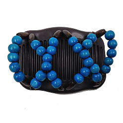 Bleu Royal Fabricant de pain de cheveux en plastique, peigne double élastique, avec des perles en bois  , bleu royal, 80x105mm