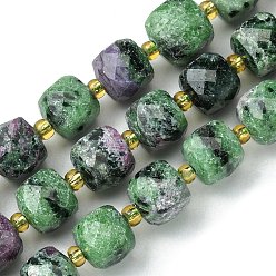 Ruby in Zoisite Natural Ruby in Zoisite Beads Strands, with Seed Beads, Faceted Cube, 8~9x8~9x8~9mm, Hole: 0.9~1mm, about 35~39pcs/strand, 14.80''~15.16''(37.6~38.5cm)