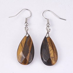 Tiger Eye Natural Tiger Eye Dangle Earrings, with Brass Findings, teardrop, Faceted, Platinum, 45~49mm, Pin: 0.7mm, Pendant: 24~26x13x6~7mm
