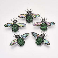 Malachite Synthetic Malachite Brooches/Pendants, with Rhinestone and Alloy Findings, Abalone Shell/Paua Shelland Resin Bottom, Bee, Antique Silver, 36x56.5x14mm, Hole: 7x4mm, Pin: 0.7mm