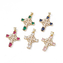 Mixed Color Rack Plating Brass Micro Pave Cubic Zirconia Pendants, with Plastic Imitation Pearl, Cadmium Free & Lead Free, Long-Lasting Plated, Real 18K Gold Plated, Religion Cross Charm, Mixed Color, 26.5x19x3.5mm, Hole: 3x5mm