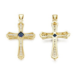 Dark Blue Brass Micro Pave Cubic Zirconia Pendants, with Brass Snap on Bails, Real 18K Gold Plated, Nickel Free, Cross, Dark Blue, 35.5x24x5.5mm, Hole: 3x5mm