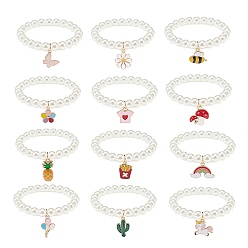 Mixed Color 12Pcs 12 Style ABS Plastic Pearl Round Beaded Stretch Bracelets Set, Butterfly & Pineapple & Rainbow & Unicorn Alloy Enamel Charms Bracelets for Kid, Mixed Color, Inner Diameter: 2 inch(5cm), 1Pc/style