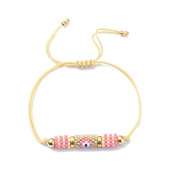 Pearl Pink Glass Seed Column with Evil Eye Link Bracelet, Adjustable Bracelet for Women, Pearl Pink, Inner Diameter: 1/2~2-1/8 inch(1.4~5.3cm)