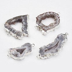 Silver Natural Geode Agate Links connectors, with Brass Findings, Nuggets, Silver, 26~54x14.5~30x4~5.5mm, Hole: 2mm