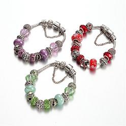 Couleur Mélangete Alliage strass perles bracelets européens, avec des perles de verre et chaîne en laiton, couleur mixte, 190mm