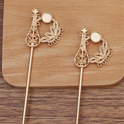 Light Gold Iron Hair Stick Findings, with Alloy Pipa and Settings, Light Gold, 145x30mm