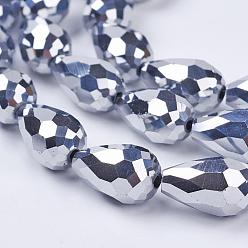 Silver Plated Electroplate Glass Beads Strands, Faceted, teardrop, Silver Plated, 12x8mm, Hole: 1mm, about 60pcs/strand, 27.1 inch