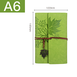 Yellow Green PU Leather Cover 6 Ring Binder Notebooks, Travel Journal, with String, Maple Leaf Pendants & Wood-free Paper, Rectangle, Yellow Green, 185x122mm, A6, about 160 pages/book
