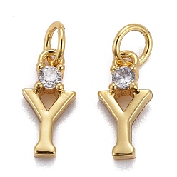 Letter Y Brass Micro Pave Clear Cubic Zirconia Pendants, with Jump Rings, Real 18K Gold Plated, Long-Lasting Plated, Letter, Letter.Y, 10x5x2mm