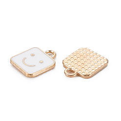White Alloy Enamel Charms, Cadmium Free & Lead Free, Light Gold, Square with Smile, White, 13x10x1.5mm, Hole: 1.6mm