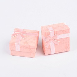 Pink Cardboard Ring Boxes, with Satin Ribbons Bowknot outside, Square, Pink, 41x41x26mm