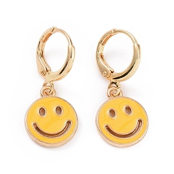 Gold Hollow Out Smiling Face Enamel Hoop Earrings for Women, Double Side Light Gold Tone Alloy Dangle Earrings, Gold, 25mm, Pin: 0.7mm
