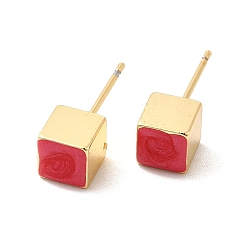 Red Enamel Cube Stud Earrings, Real 18K Gold Plated Brass Jewelry for Women, Red, 6x6mm, Pin: 0.8mm