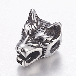 Antique Silver 304 Stainless Steel Beads, Wolf Head, Antique Silver, 14x11x11mm, Hole: 2mm
