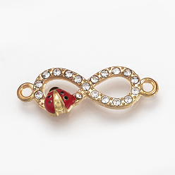 Light Gold Alloy Rhinestone Links connectors, Enamel Style, Infinity with Ladybird, Dark Red, Light Gold, 27.5x10x4mm, Hole: 1.5mm