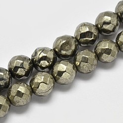 Pyrite Natural Pyrite Round Beads Strands, Faceted(64 Facets), Grade A, 8mm, Hole: 1mm, about 50pcs/strand, 16 inch