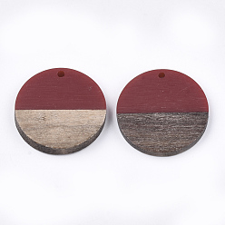 FireBrick Resin & Walnut Wood Pendants, Flat Round, FireBrick, 28.5x3.5~4mm, Hole: 1.5mm