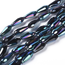 Plaqué Multicolore Perles en verre electroplate, demi-plaqué, facette, larme, multi-couleur plaquée, 15x6mm, Trou: 1mm, Environ 50 pcs/chapelet, 28.3 pouce (72 cm)