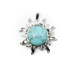 Synthetic Turquoise Synthetic Turquoise Pendants, Sun Charms, with Platinum Plated Alloy Findings, 39x39mm
