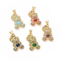 Mixed Color Brass Cubic Zirconia Pendants, Golden, Bear with Heart Charm, Mixed Color, 26x15x10mm, Hole: 4x4.5mm