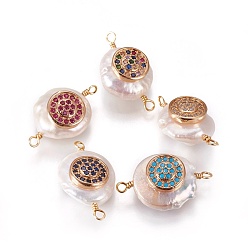 Couleur Mélangete Connecteurs de liens de perles naturelles, avec les accessoires de zircone et en laiton cubes, plat rond, or, couleur mixte, 22~25x13~15x7~10mm, Trou: 1.6mm