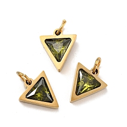 Olive Drab Vacuum Plating 304 Stainless Steel Pendants, with Cubic Zirconia and Jump Rings, Single Stone Charms, Triangle, Golden, Olive Drab, 11x9.5x3mm, Hole: 3.6mm