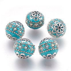 Turquoise Foncé Perles Indonésiennes manuelles, avec les accessoires en métal, ronde, argent antique, turquoise foncé, 19.5x19mm, Trou: 1mm