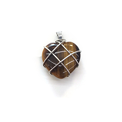 Tiger Eye Natural Tiger Eye Copper Wire Wrapped Pendants, Heart Charms, Silver Color, 20mm