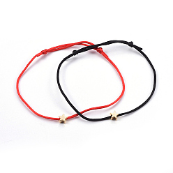 Golden Nylon Thread Cords Bracelets, with Brass Beads, Lead Free & Cadmium Free, Star, Golden, 1-5/8 inch~3-1/8 inch(4~8cm), 2pcs/set