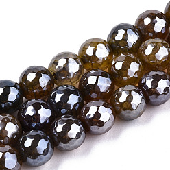 Peru Electroplate Natural Agate Beads Strands, Dyed, Faceted, Pearl Luster Plated, Round, Peru, 10.5mm, Hole: 1.2mm, about 36~37pcs/strand, 14.37 inch~14.57 inch(36.5cm~37cm)