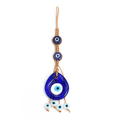 Royal Blue Teardrop with Evil Eye Glass Pendant Decorations, Polyester Braided Hanging Ornament, Royal Blue, 140mm