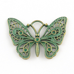 Antique Bronze & Green Patina Butterfly Zinc Alloy Pendants, Cadmium Free & Nickel Free & Lead Free, Antique Bronze & Green Patina, 36x48x3mm, Hole: 8mm