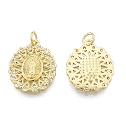 Real 18K Gold Plated Brass Micro Pave Clear Cubic Zirconia Pendants, with Jump Rings, Oval with Saint, Real 18K Gold Plated, 19.5x16x2mm, Hole: 3mm