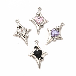 Mixed Color Rack Plating Alloy with Glass Pendants, Star with Heart Charms, Platinum, Cadmium Free & Nickel Free & Lead Free, Mixed Color, 30.5x19.5x5mm, Hole: 1.8mm