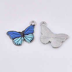 Royal Blue Printed Alloy Pendants, with Enamel, Butterfly, Platinum, Royal Blue, 13x20x2mm, Hole: 1.6mm