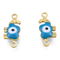 Steel Blue 304 Stainless Steel Enamel Connector Charms, Real 18K Gold Plated, Elephant with Evil Eye, Steel Blue, 6.5x15x2.5mm, Hole: 1.2mm