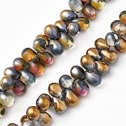 Goldenrod Electroplate Glass Beads Strands, Top Drilled Beads, Half Rainbow Plated, Teardrop, Goldenrod, 13~13.5x9.5mm, Hole: 0.9mm, about 120pcs/strand, 23.62 inch(60cm)