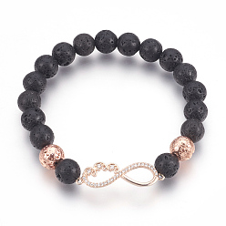 Rose Gold Stretch Bracelets, with Long-Lasting Plated Electroplated Natural Lava Rock, Natural Lava Rock and Brass Cubic Zirconia Beads, Infinity, Rose Gold, 2-1/4 inch(5.6cm)