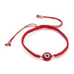 Red Adjustable Nylon Thread Braided Bead Bracelets, Red String Bracelets, with Handmade Evil Eye Lampwork Beads and Brass Beads, Red, Inner Diameter: 2-1/2 inch~4-1/8 inch(6.5~10.5cm)