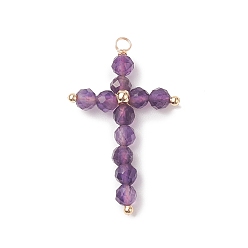 Amethyst Natural Amethyst Faceted Round Copper Wire Wrapped Pendants, Cross Charms, Light Gold, 38x23x5mm, Hole: 2.5mm