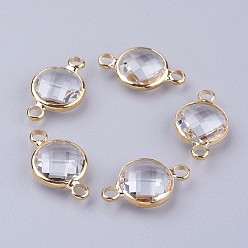 Clear Golden Tone Brass Glass Links connectors, Faceted, Flat Round, Clear, 15x8.5x3.5mm, Hole: 1.5mm