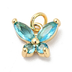 Cyan Rack Plating Brass Micro Pave Cubic Zirconia Charms, with Jump Ring, Cadmium Free & Lead Free, Real 18K Gold Plated, Butterfly Charms, Cyan, 12.5mm, Hole: 3mm