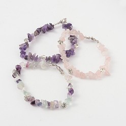 Mixed Stone Natural Gemstone Bead Bracelets, with Rhinestone and Brass Lobster Claw Clasps, Platinum, 190mm
