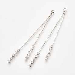 Real Platinum Plated Brass Chain Tassel Big Pendants, with Cubic Zirconia, Clear, Real Platinum Plated, 61x2x2mm, Hole: 1mm