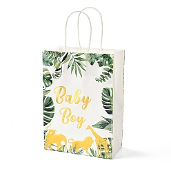 Leaf Gold Stamping Rectangle Paper Bags, with Handle, for Gift Bags and Shopping Bags, Word Baby Boy, Leaf Pattern, 14.9x8.1x21cm